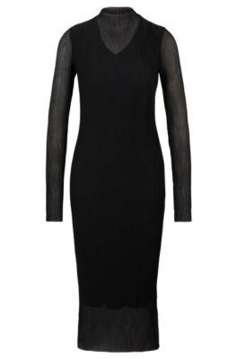 lined dress in pliss tulle with mock neckline- black women's jersey dresses