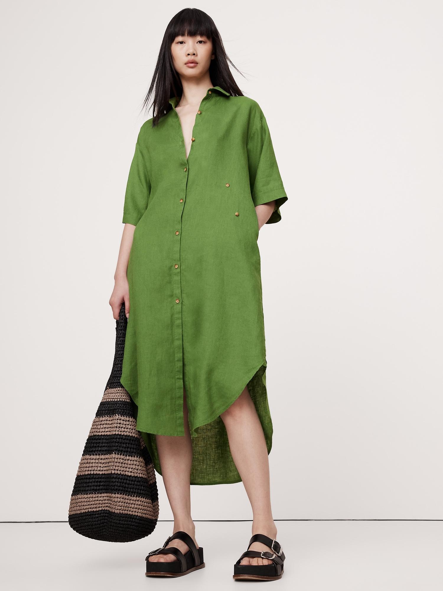 linen asymmetrical shirt dress
