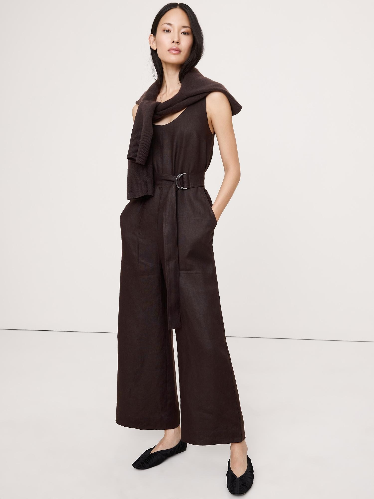 linen belted wide-leg jumpsuit