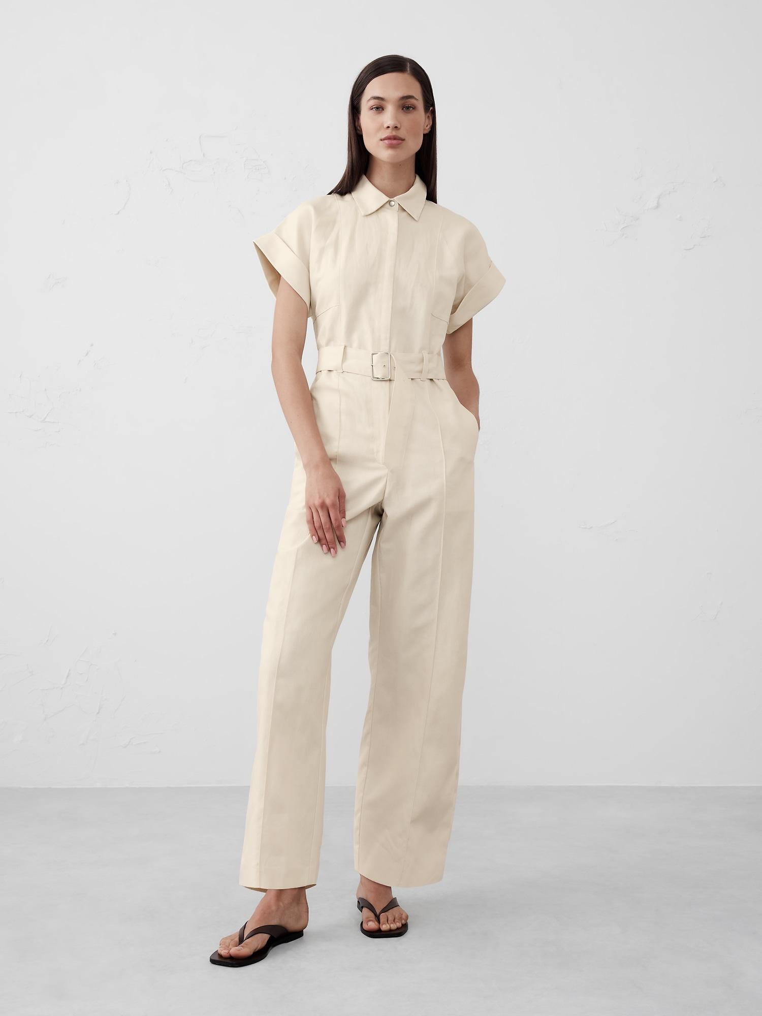 linen-blend belted jumpsuit