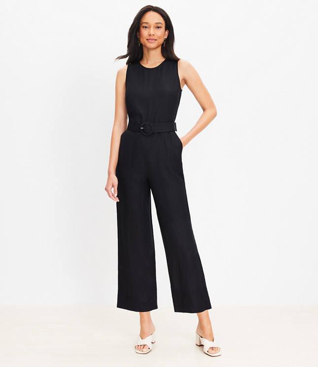 linen blend belted sleeveless jumpsuit