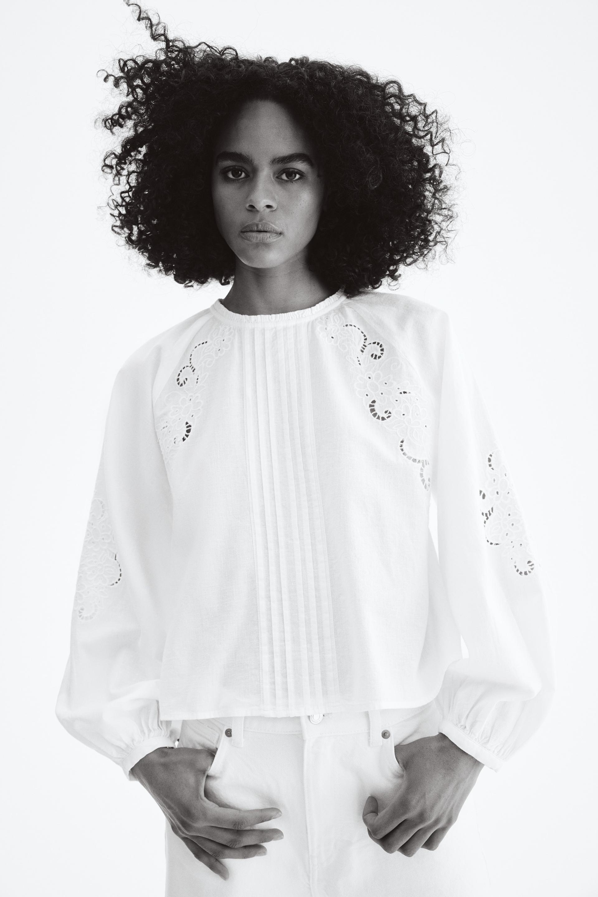 linen-blend blouse with eyelet embroidery