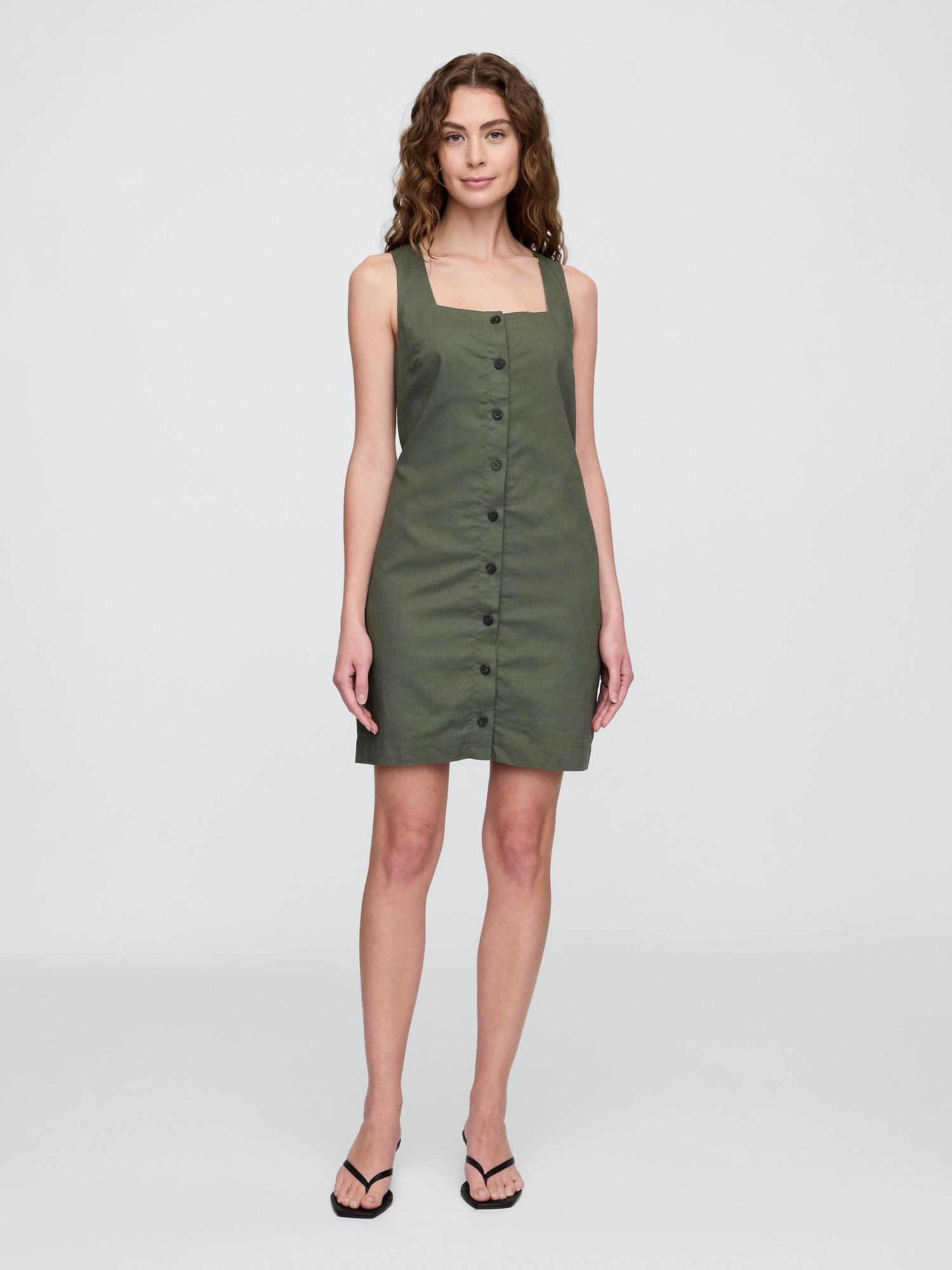 linen-blend button-front mini dress