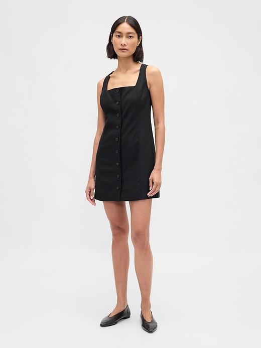 linen-blend button-front mini dress