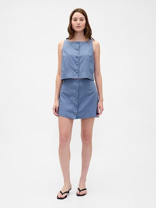 linen-blend button-front mini skort