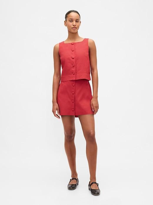 linen-blend button-front mini skort