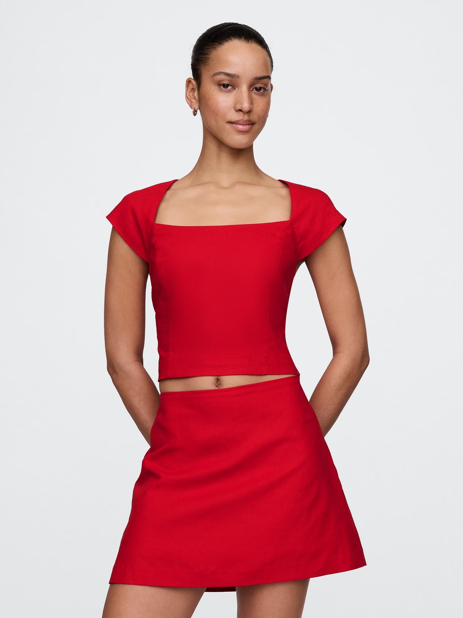 linen-blend cap-sleeve crop top