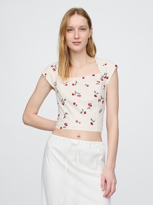 linen-blend cap-sleeve crop top