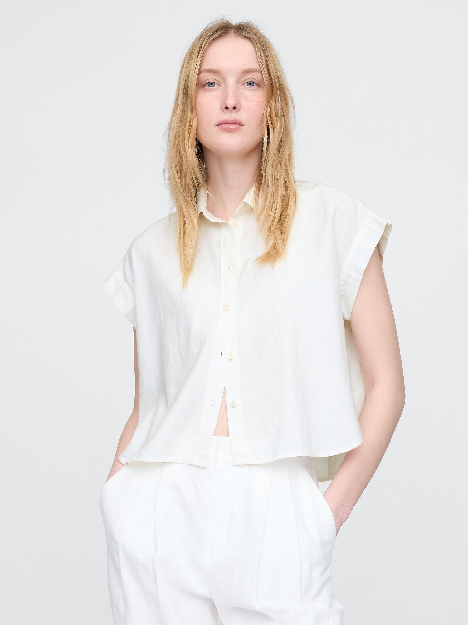 linen-blend crop shirt