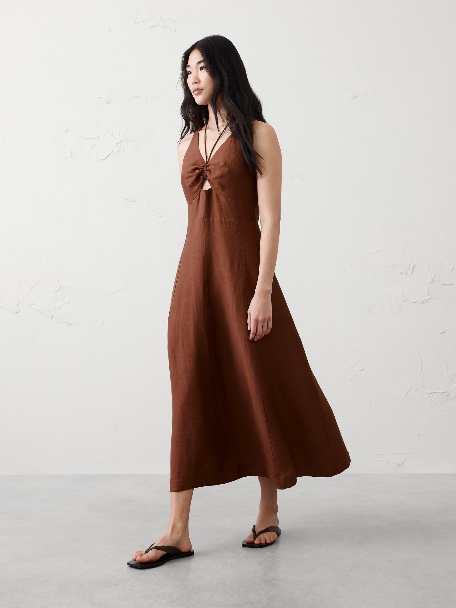 linen-blend cutout tie-front midi dress