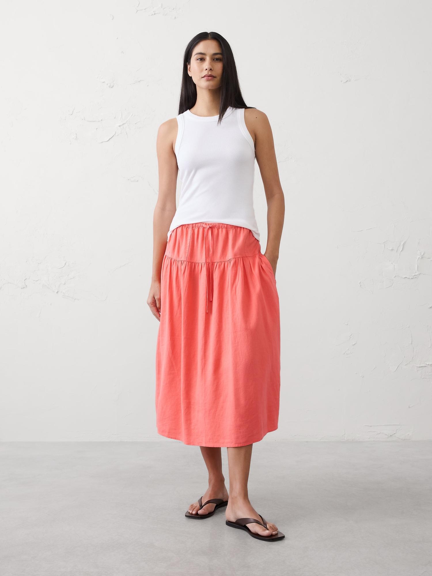linen-blend drop-waist midi skirt