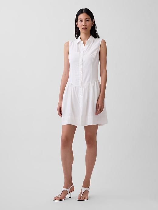 linen-blend drop-waist mini shirtdress