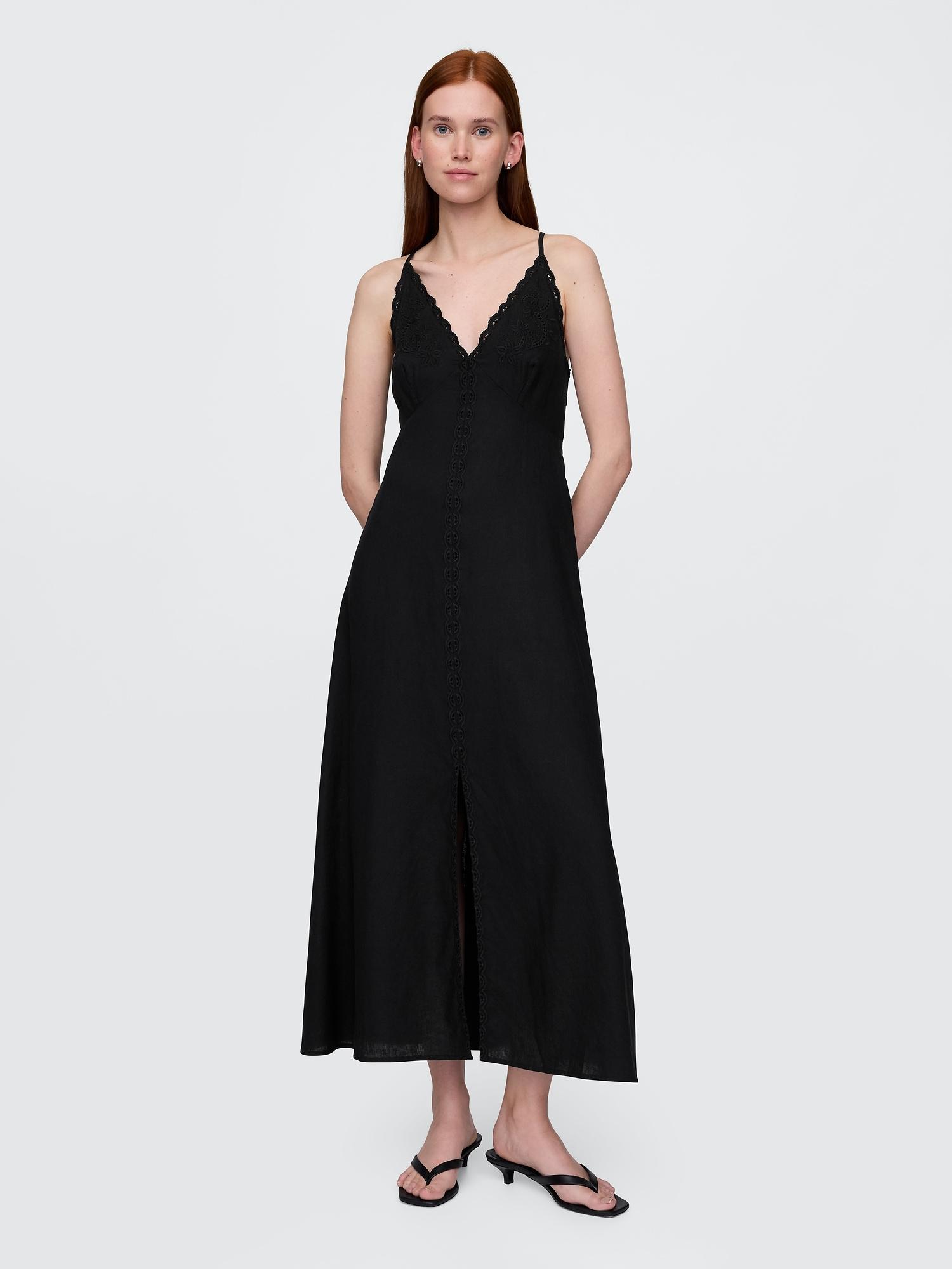 linen-blend embroidered halter maxi dress