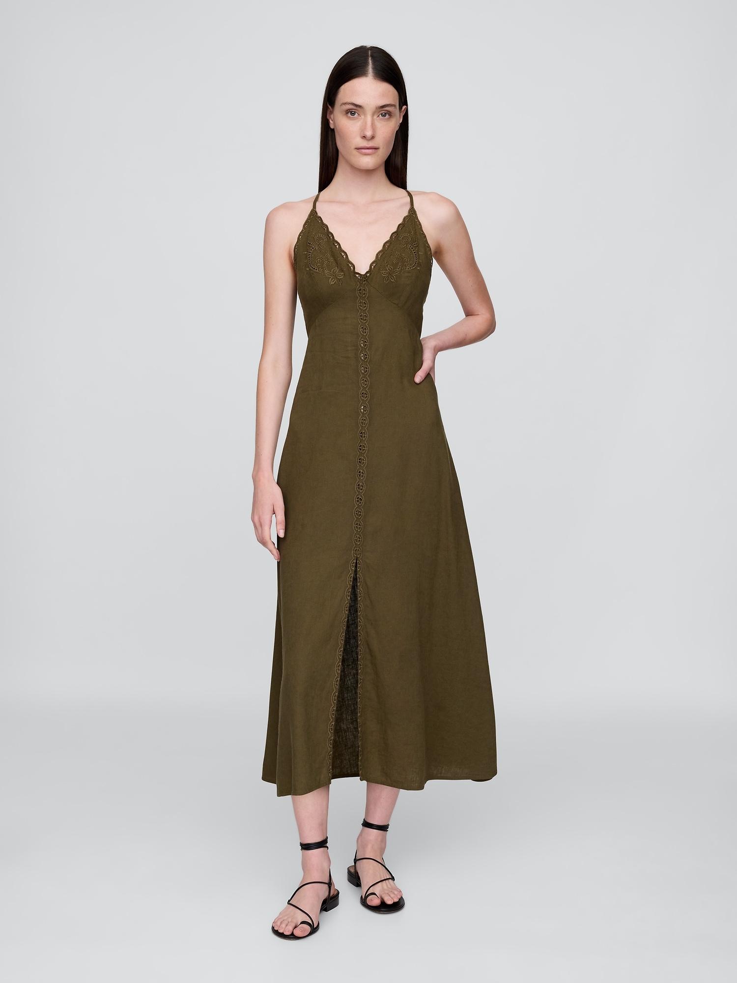 linen-blend embroidered halter maxi dress