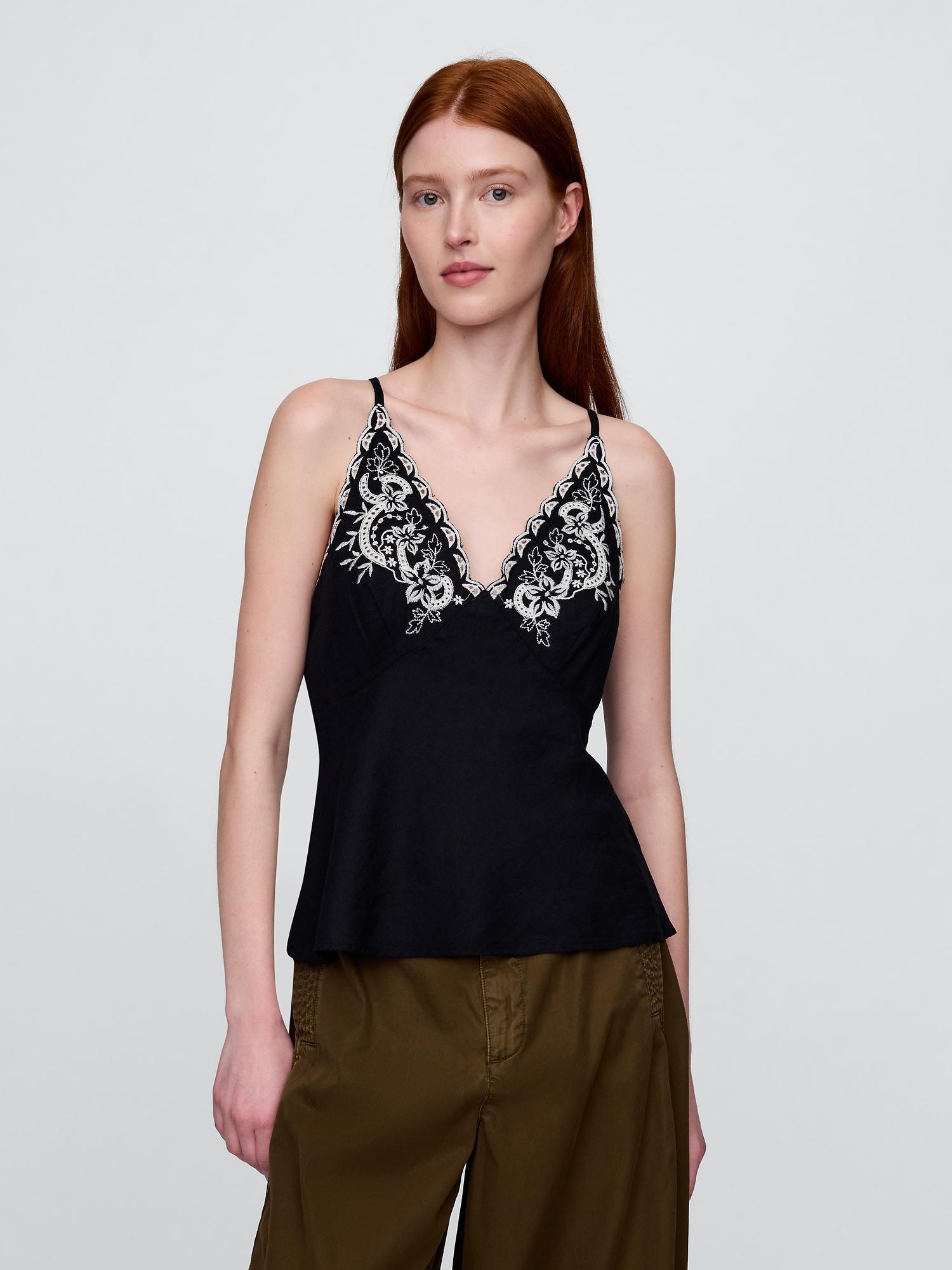 linen-blend embroidered halter top