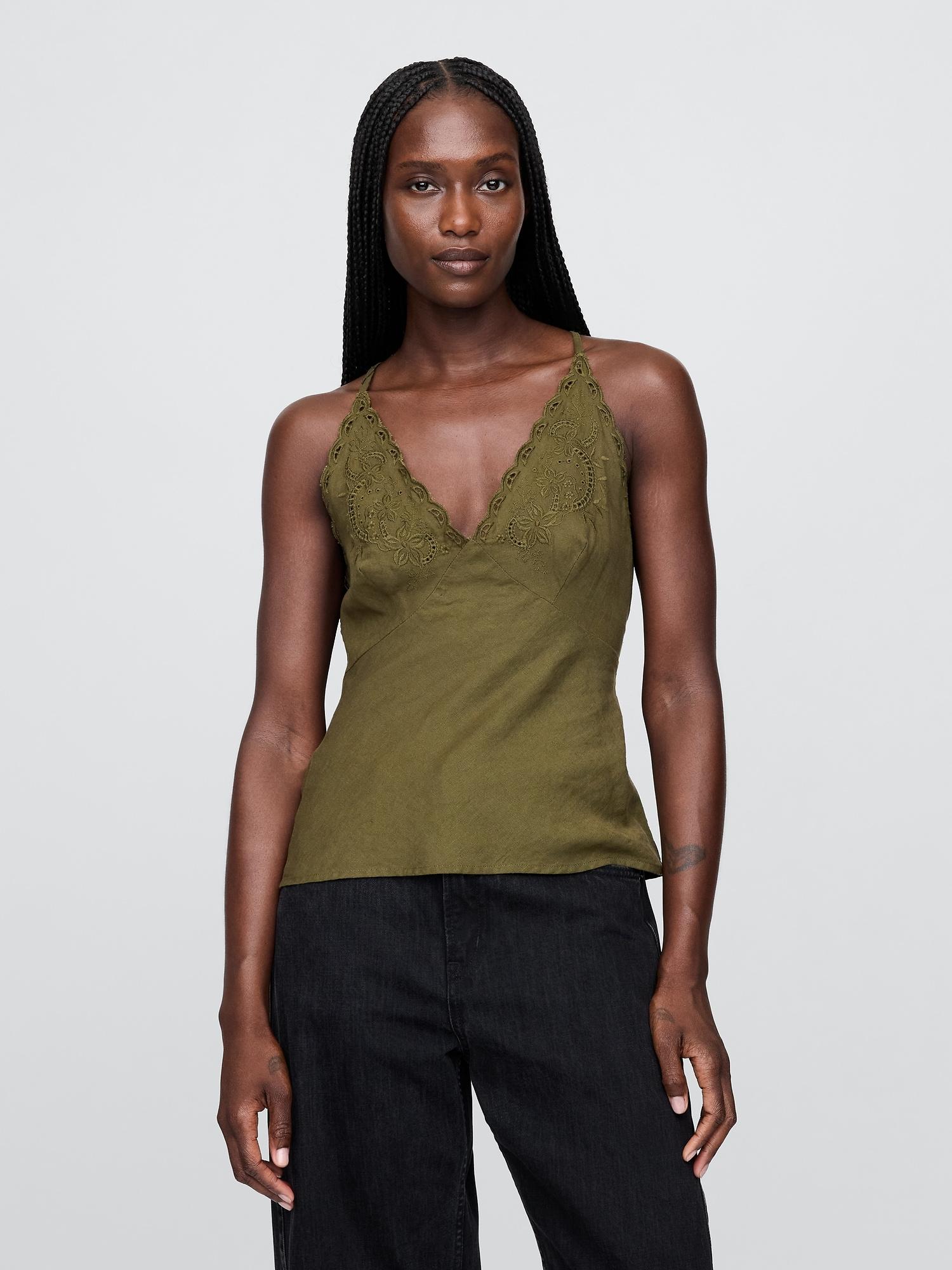 linen-blend embroidered halter top