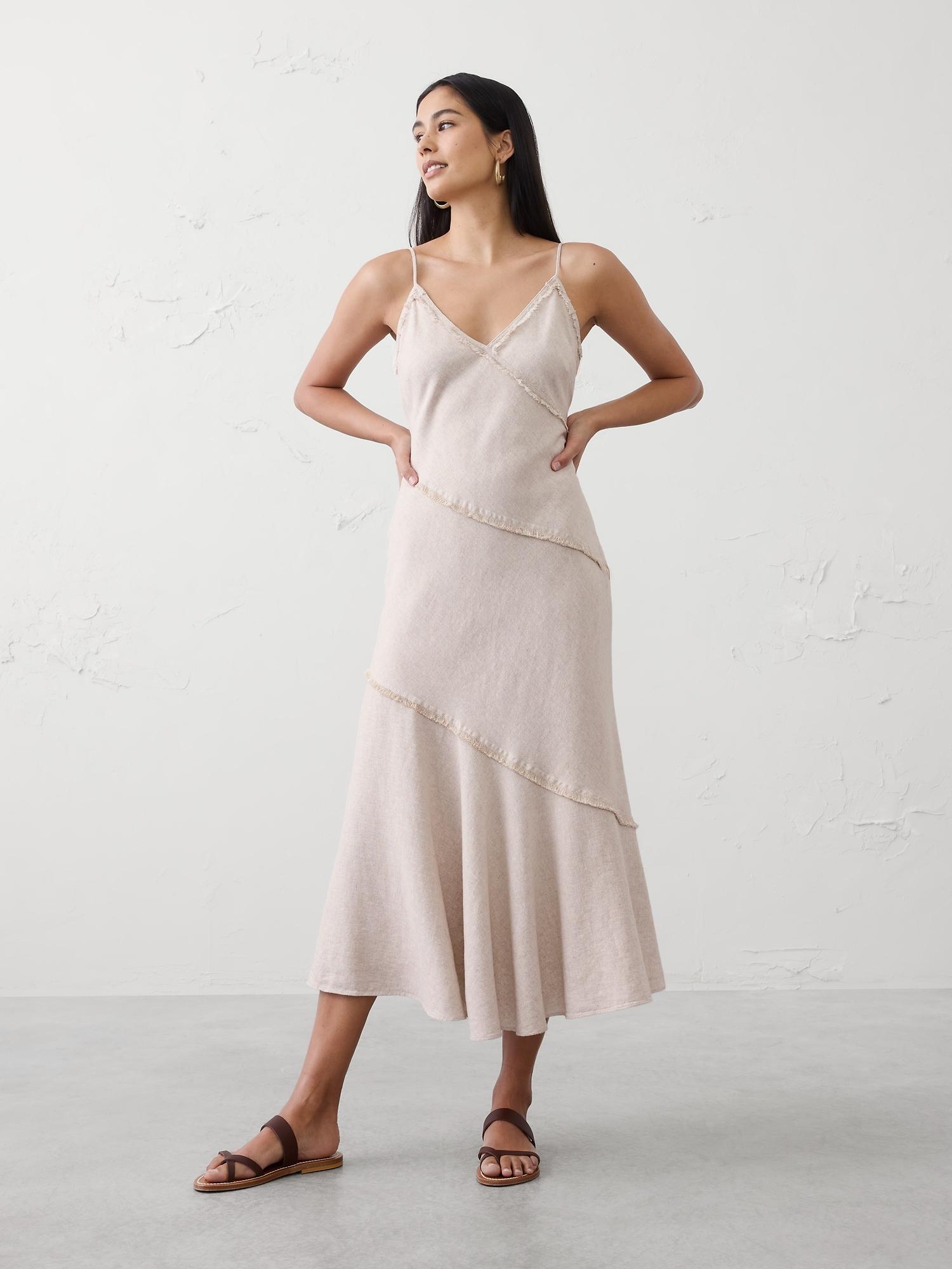 linen-blend fray-edges midi dress