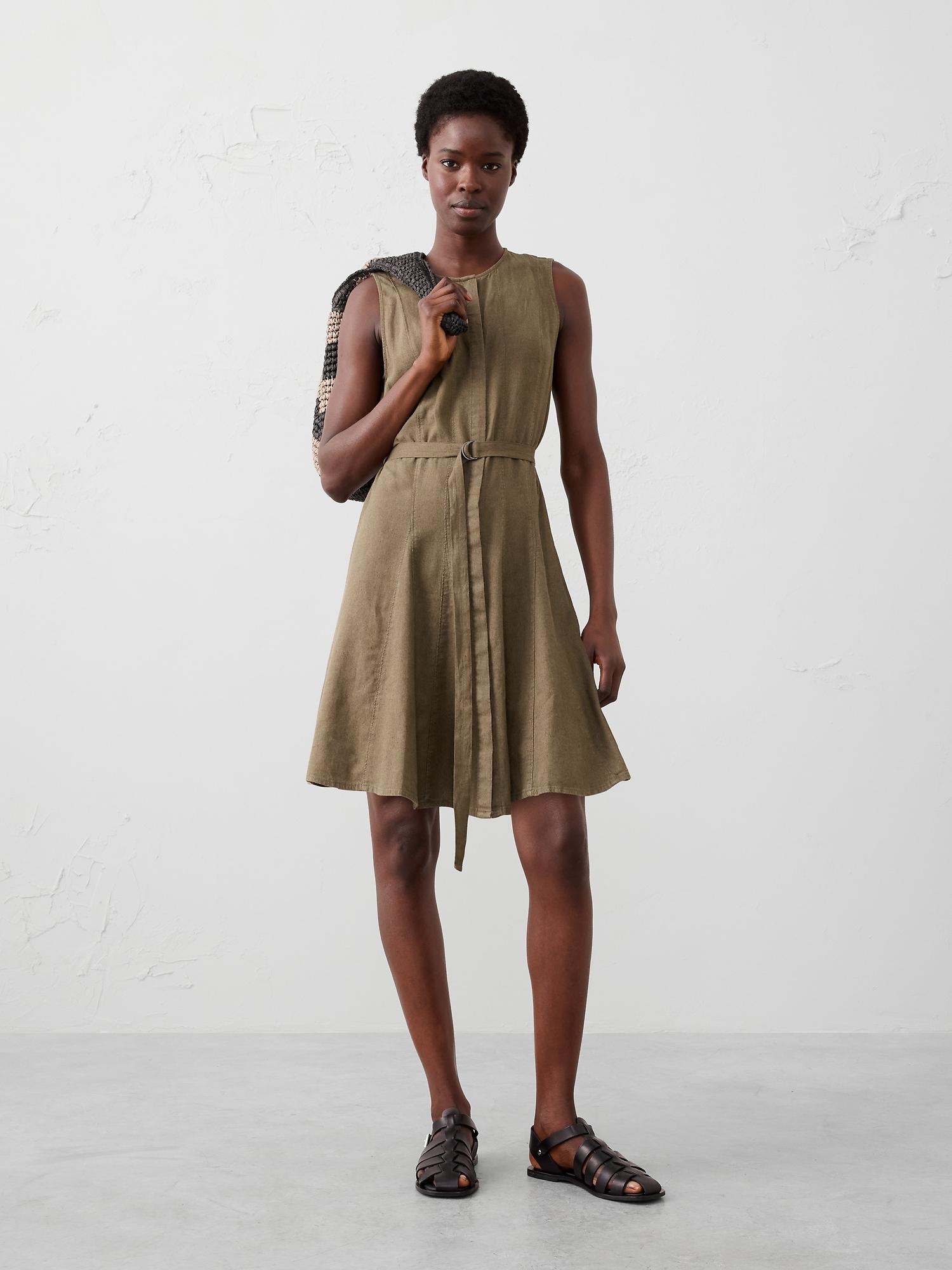 linen-blend godet mini dress