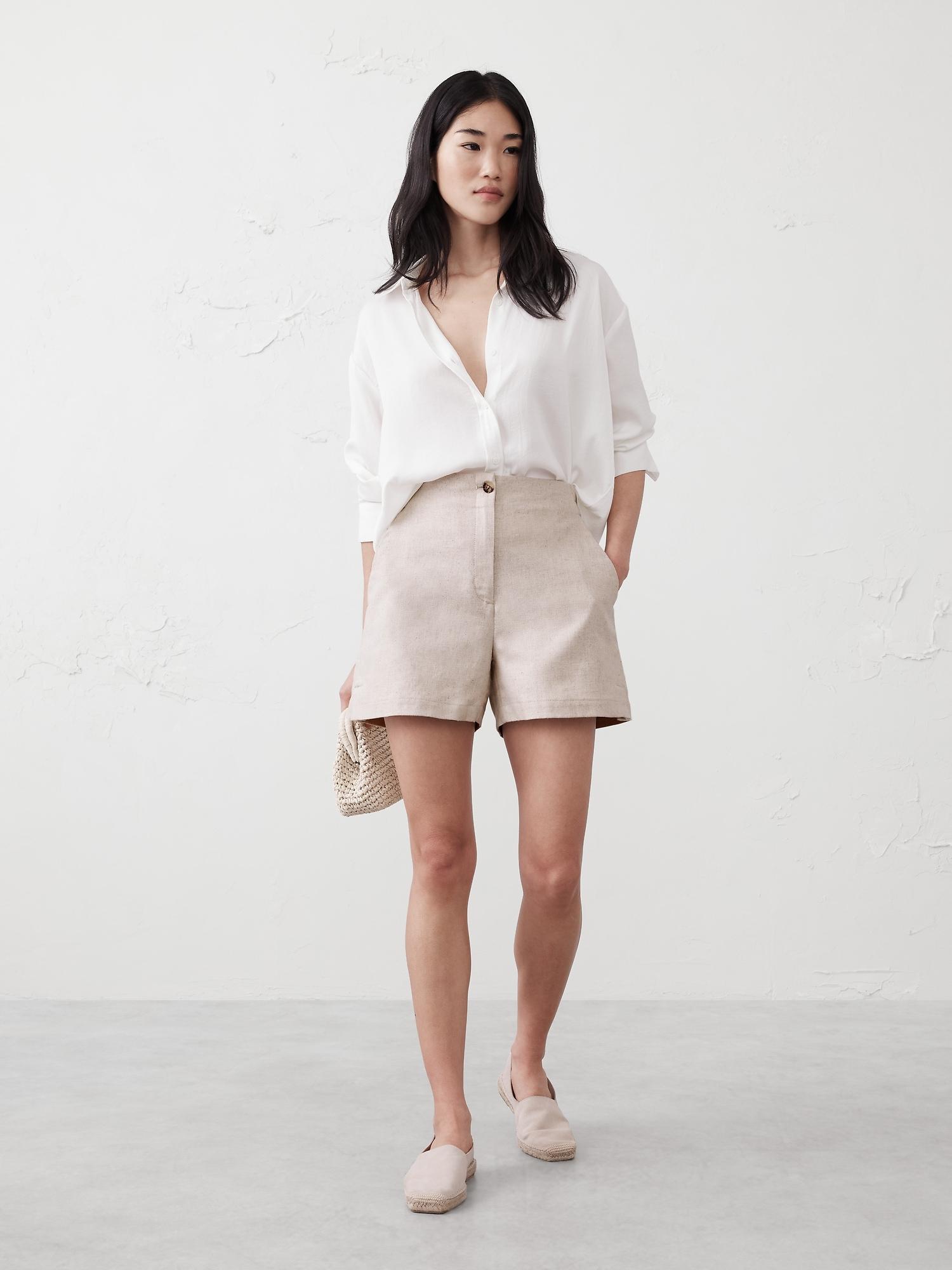 linen-blend herringbone e-waist short