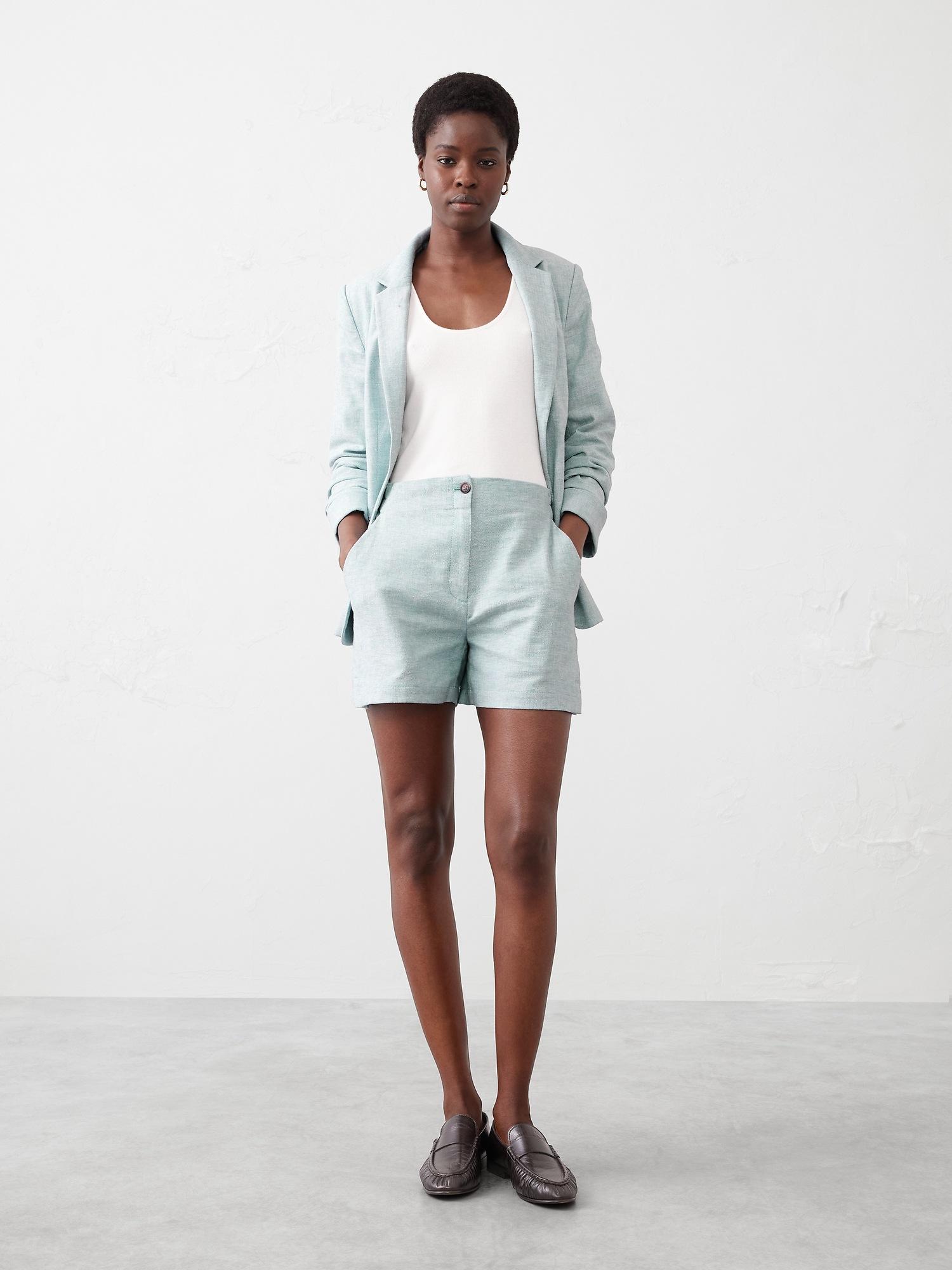 linen-blend herringbone e-waist short