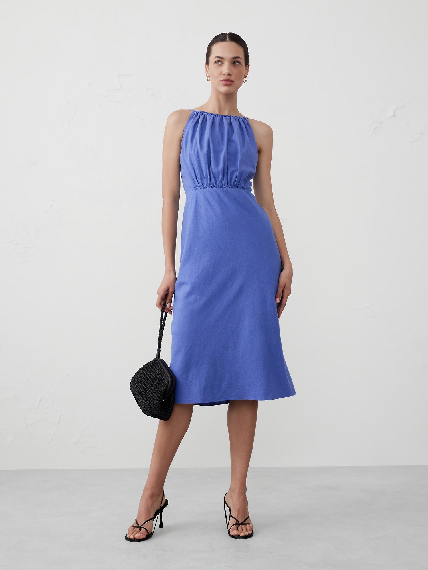 linen-blend high-neck midi dress
