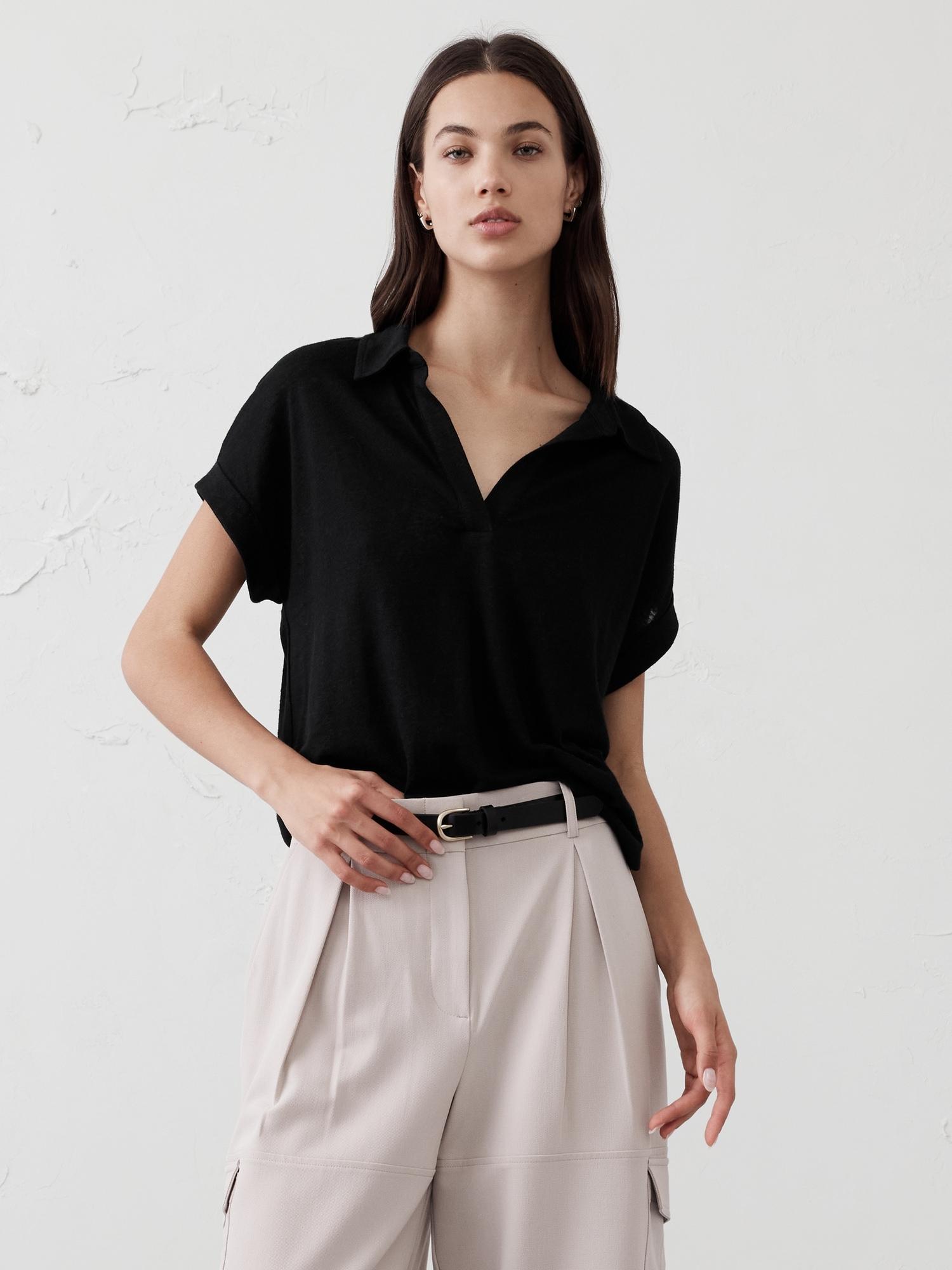 linen-blend johnny collar shirt