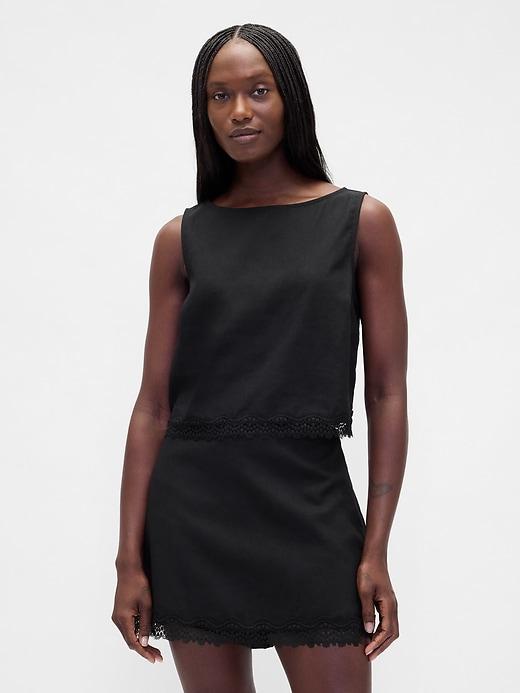 linen-blend lace-hem crop shell top