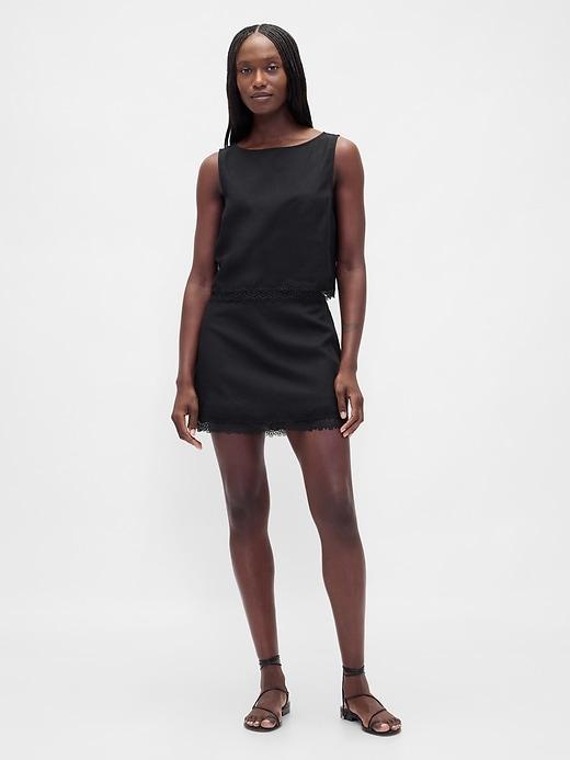 linen-blend lace-trim mini skort