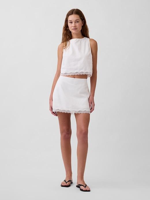 linen-blend lace-trim mini skort