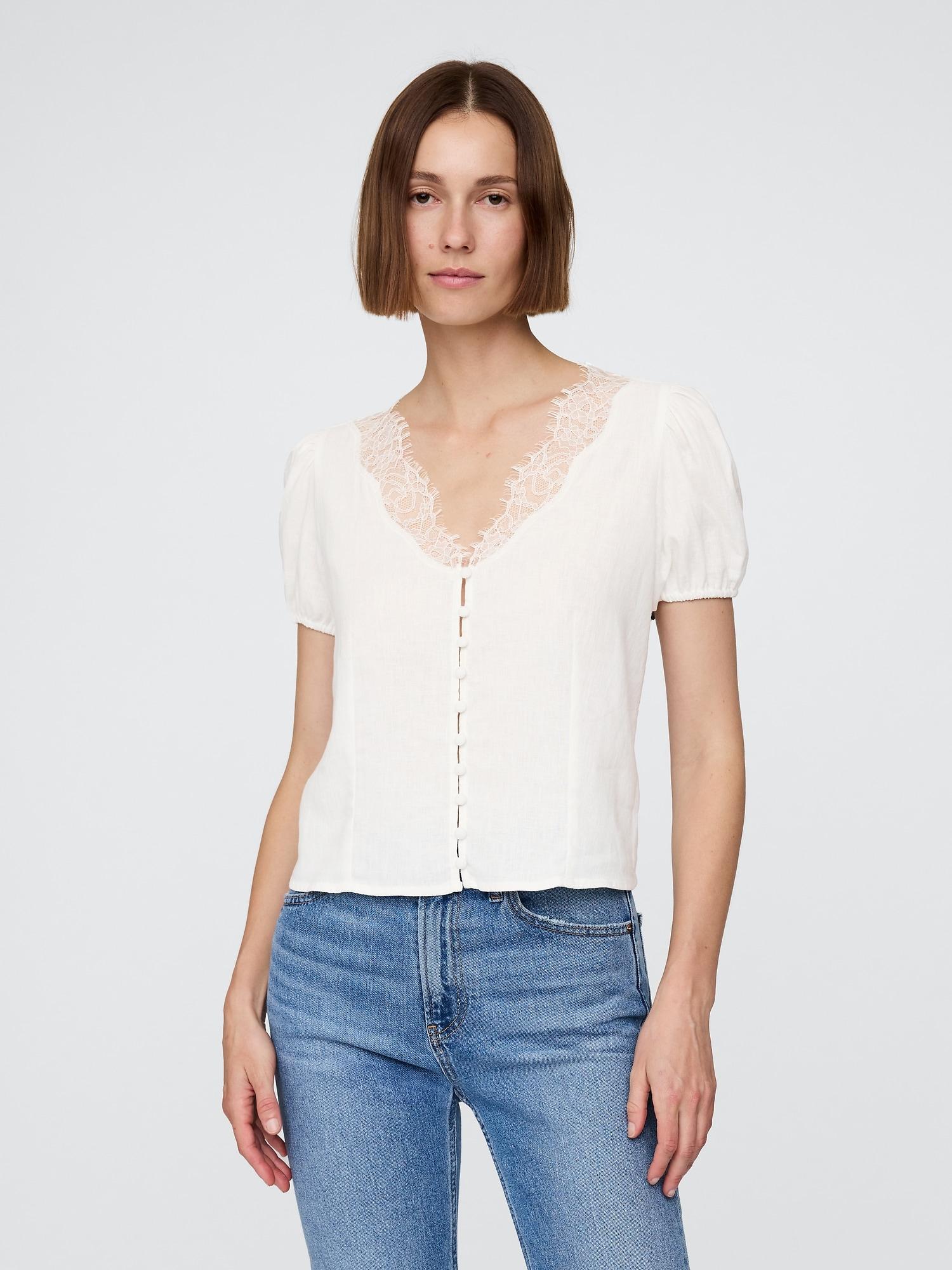 linen-blend lace v-neck top