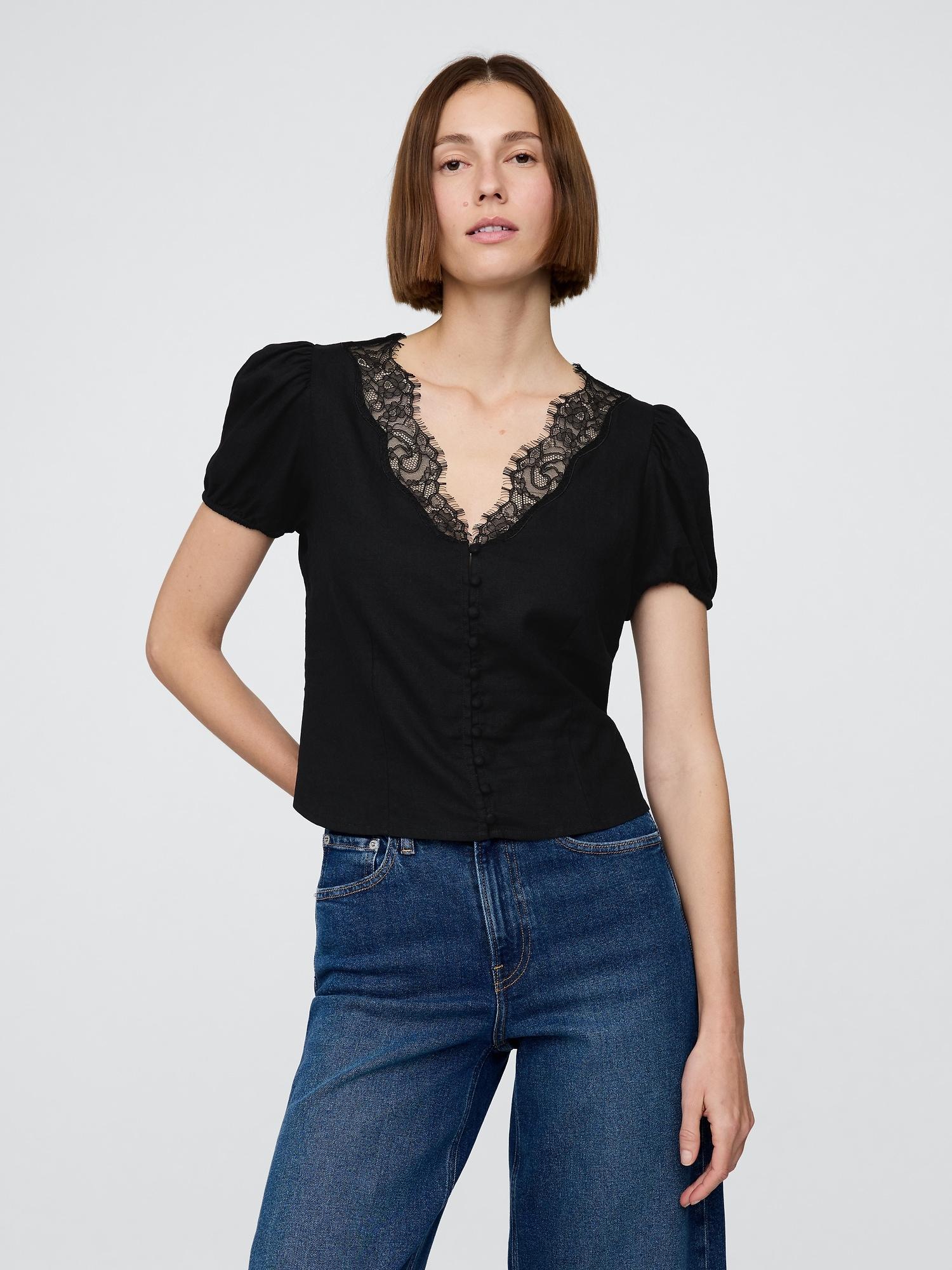 linen-blend lace v-neck top
