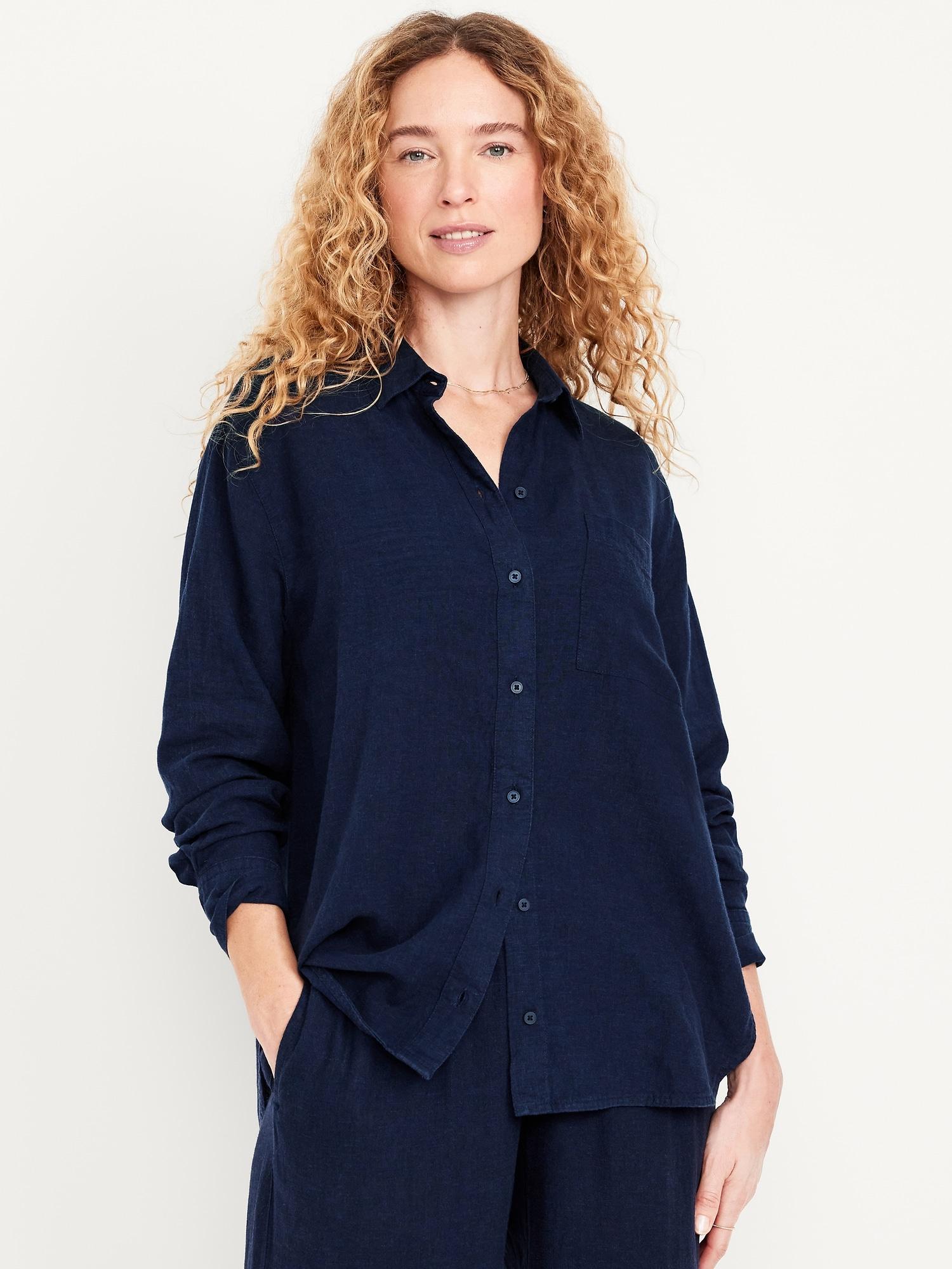 linen-blend loose button-down shirt