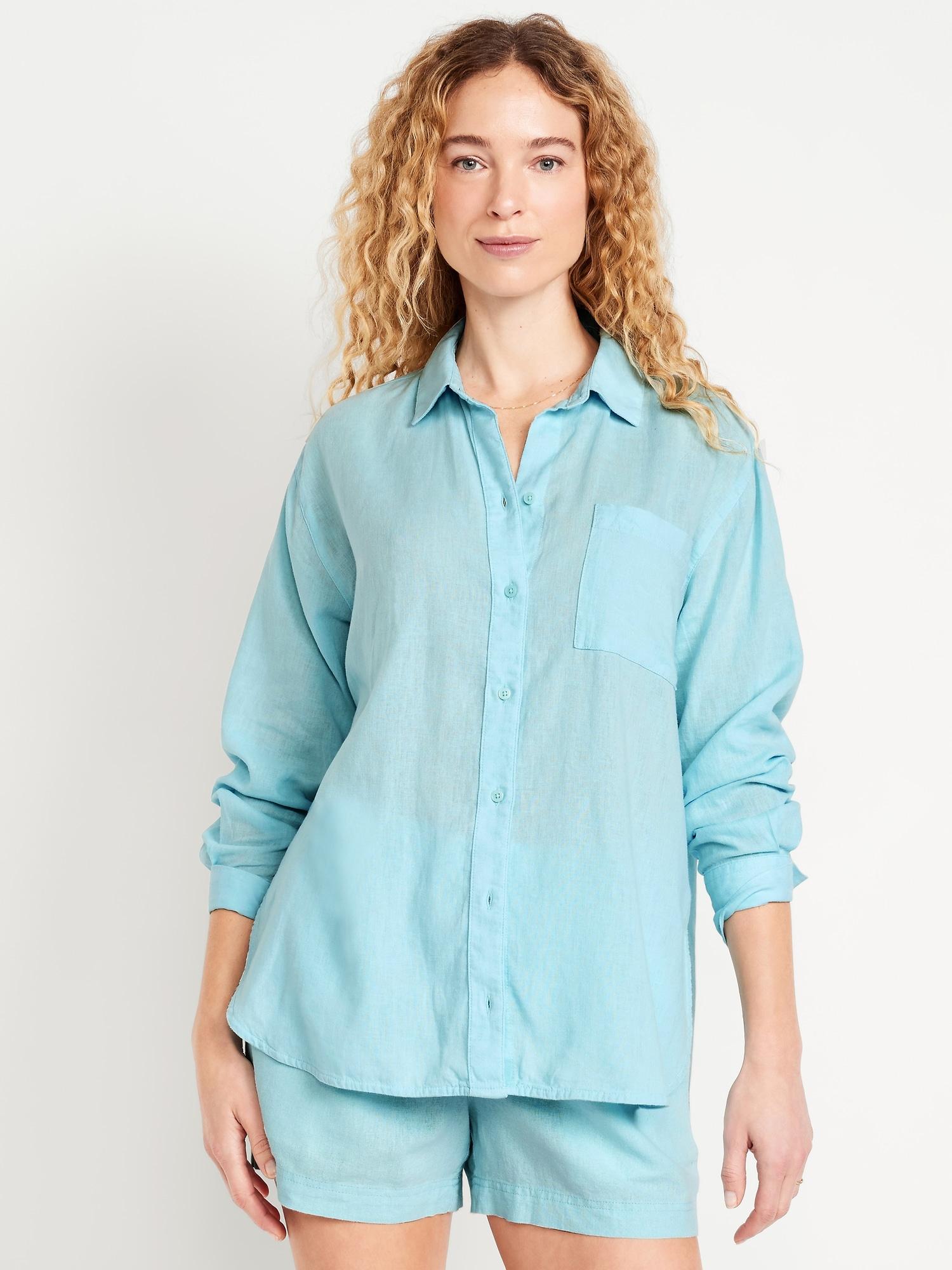 linen-blend loose button-down shirt