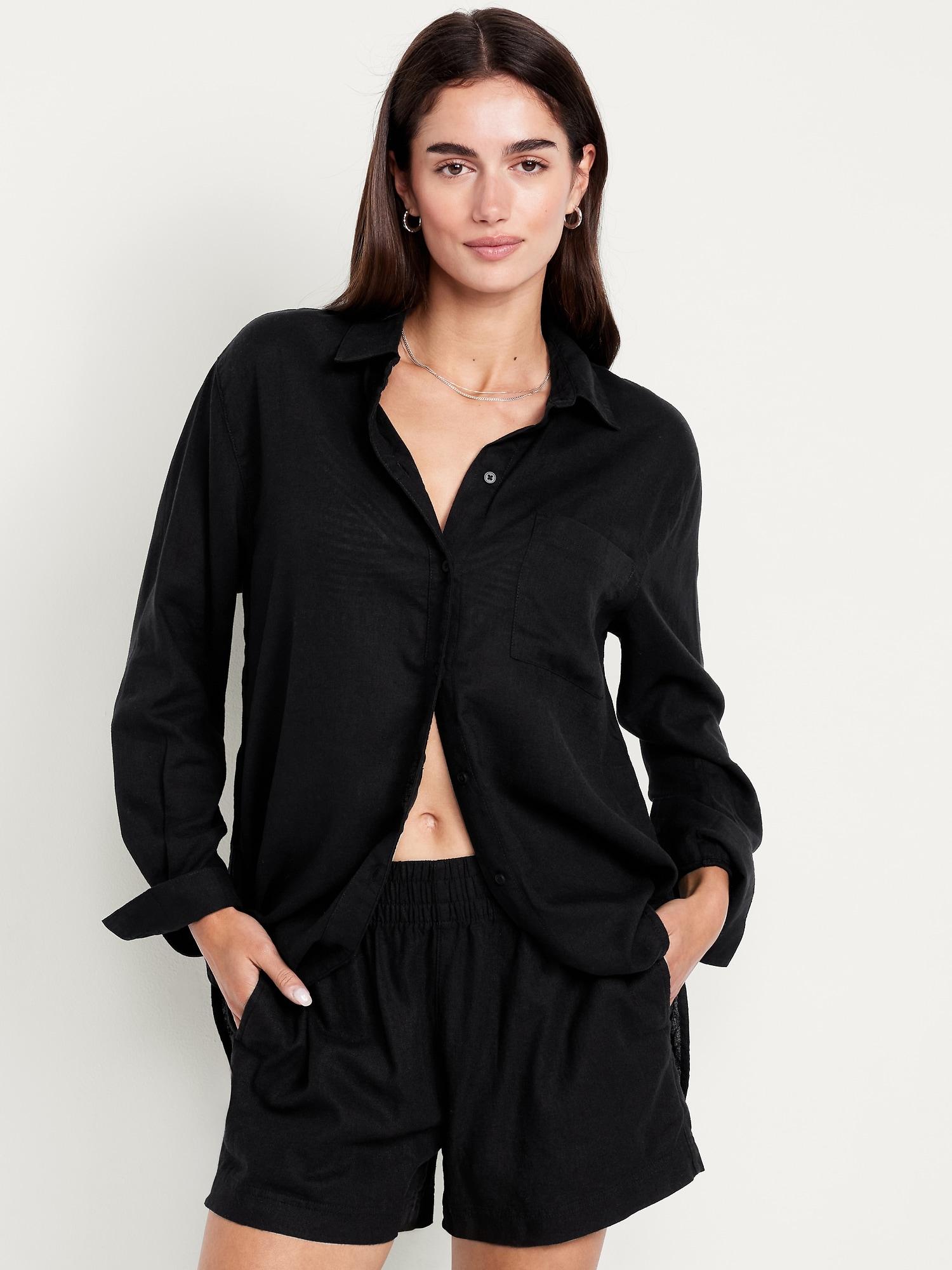 linen-blend loose button-down shirt