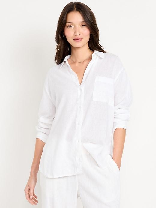 linen-blend loose button-down shirt