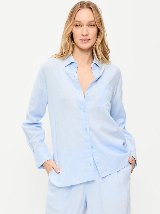 linen-blend loose button-down shirt