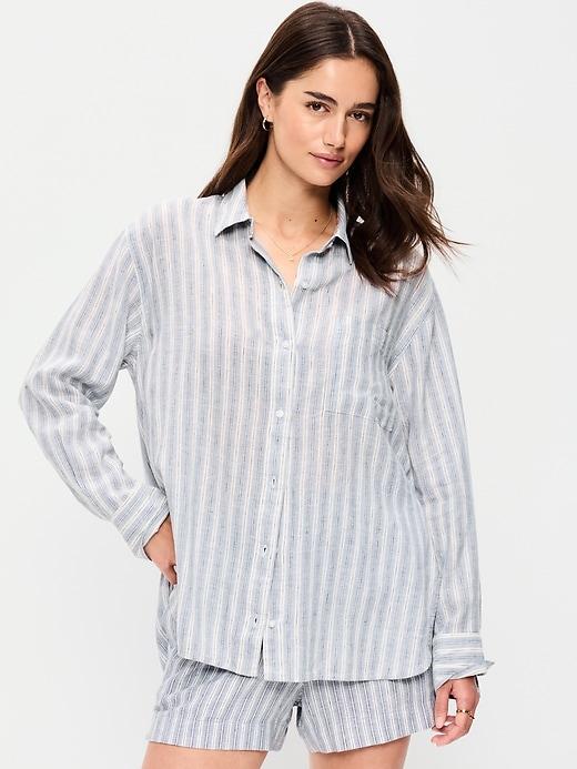 linen-blend loose button-down shirt