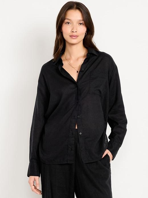 linen-blend loose button-down shirt