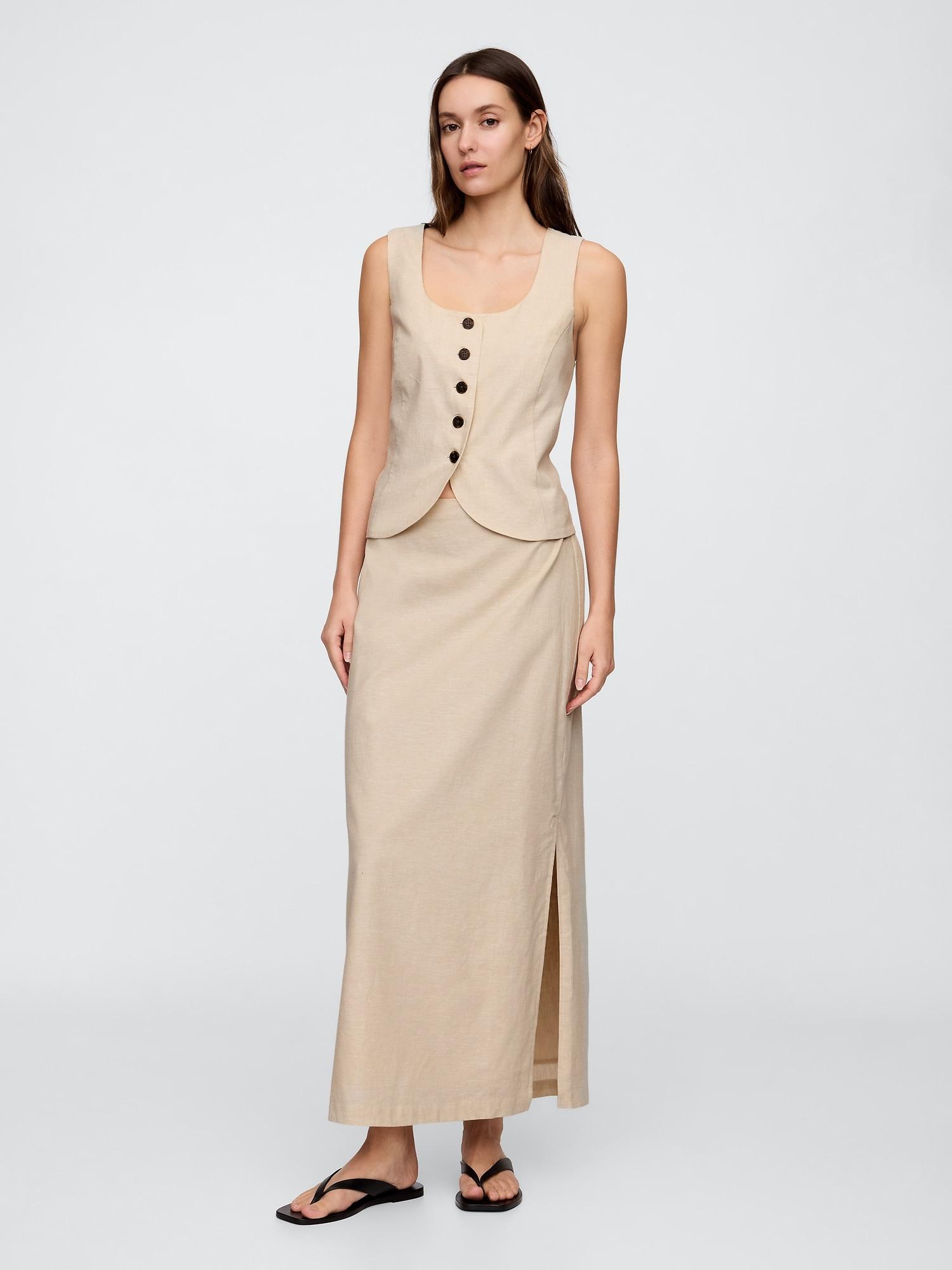 linen-blend maxi slip skirt