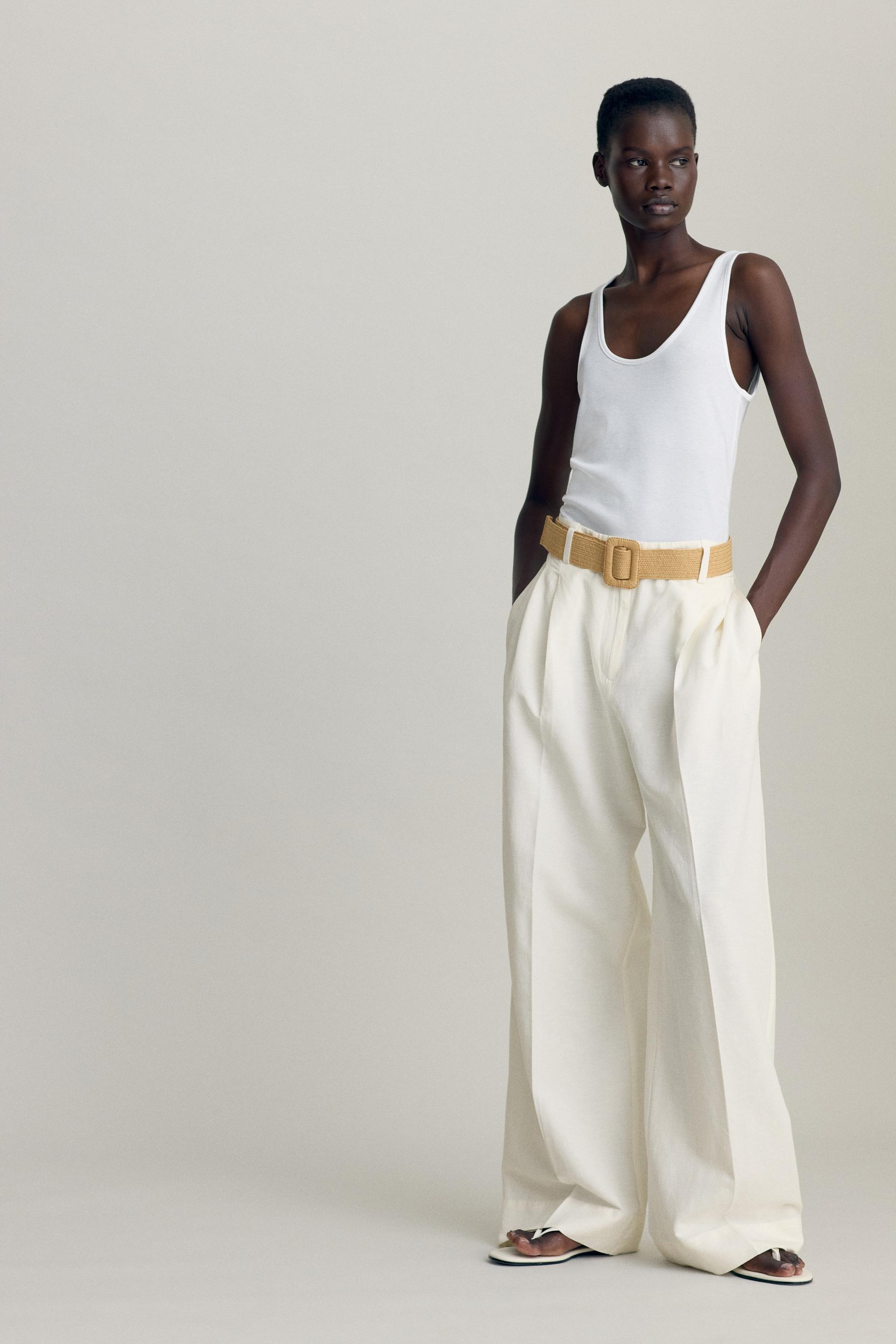 linen-blend pants with belt