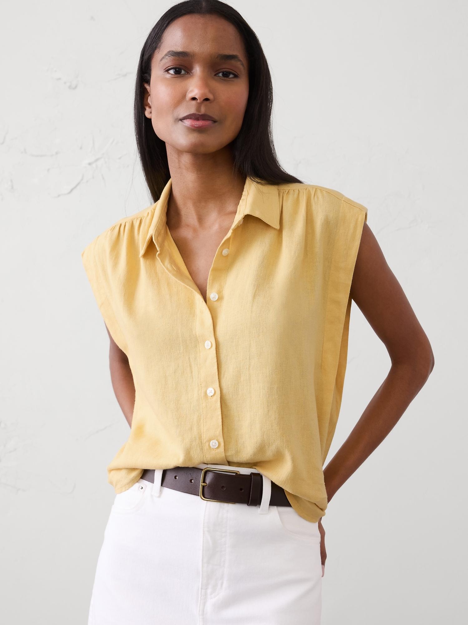 linen-blend pleated shirt
