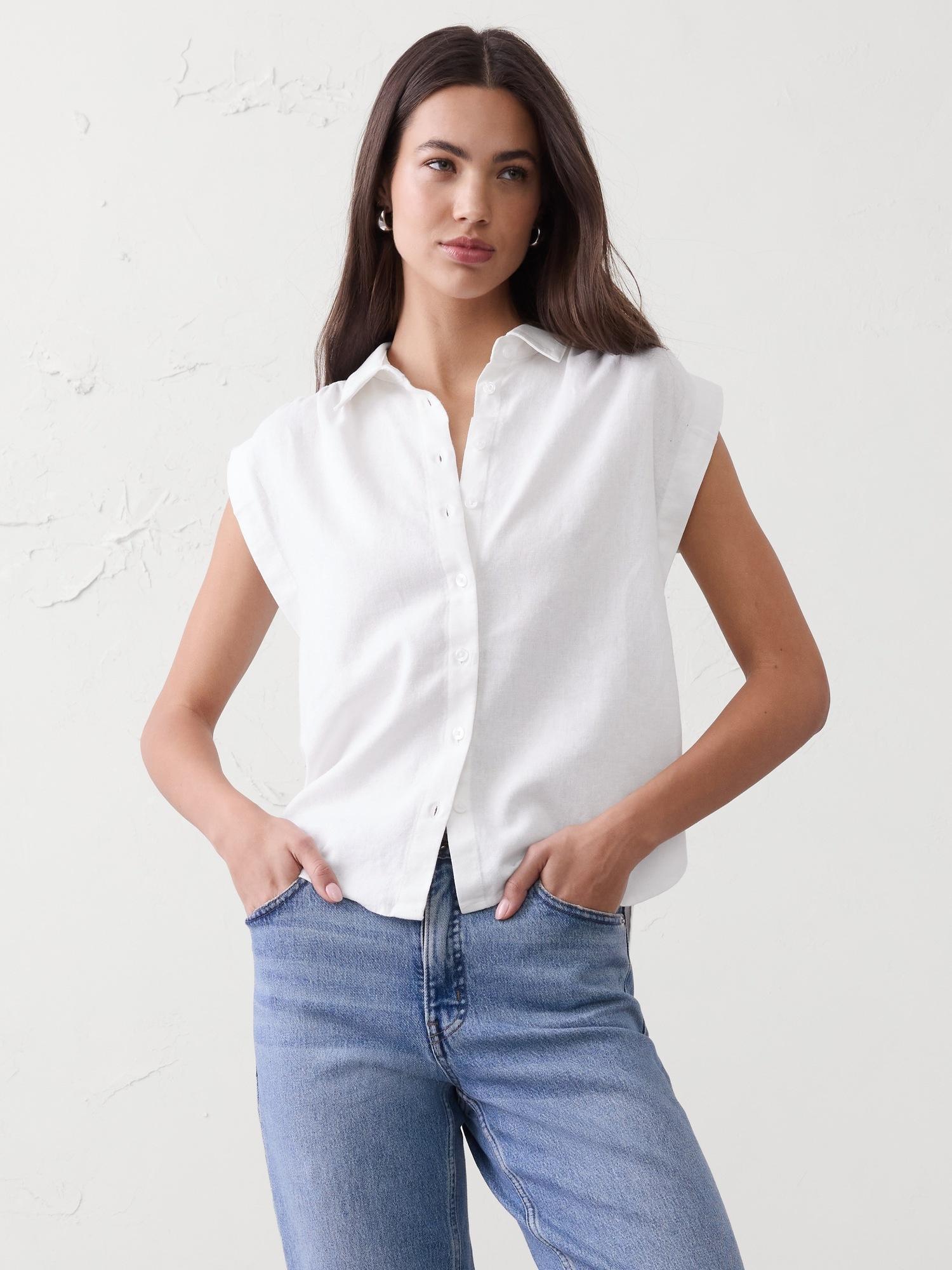 linen-blend pleated shirt