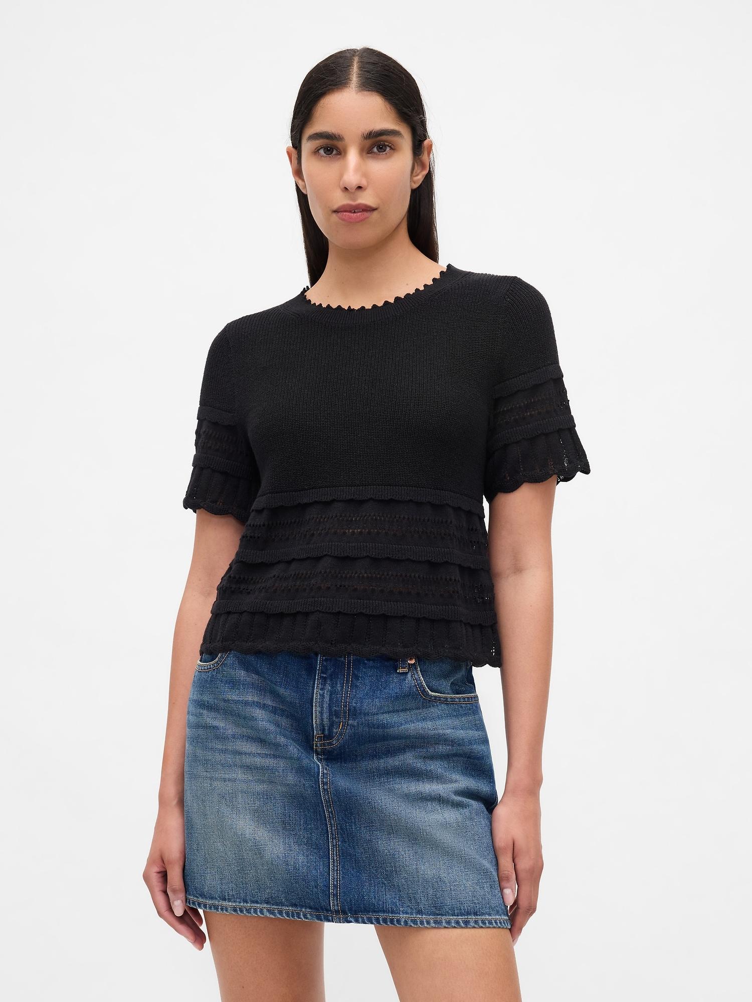 linen-blend pointelle sweater crop top
