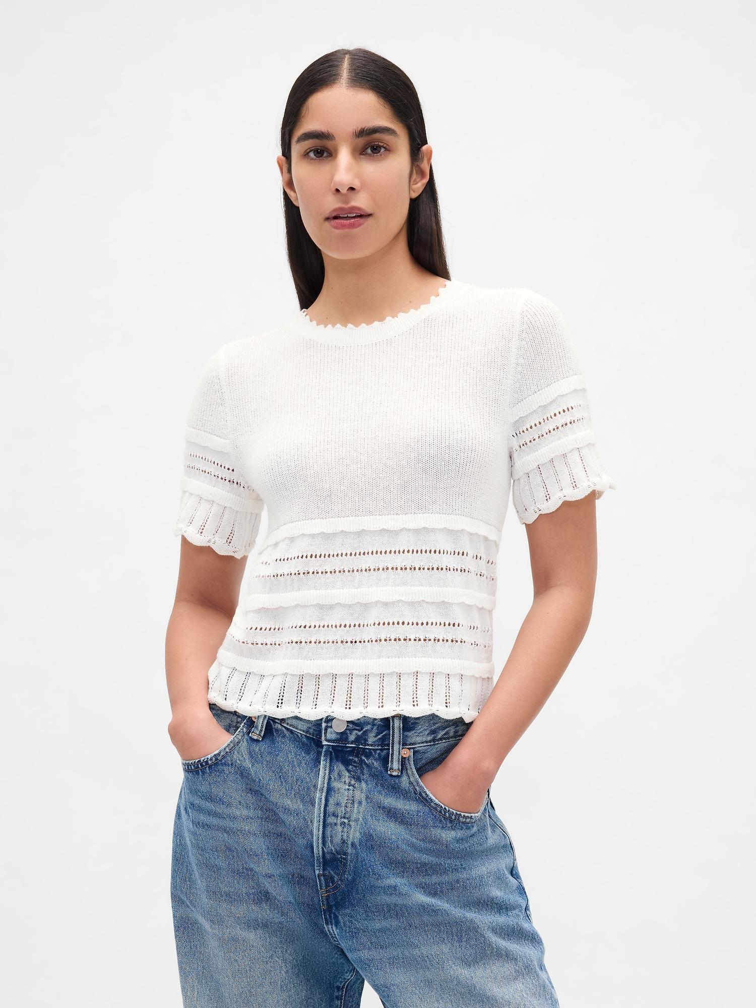 linen-blend pointelle sweater crop top
