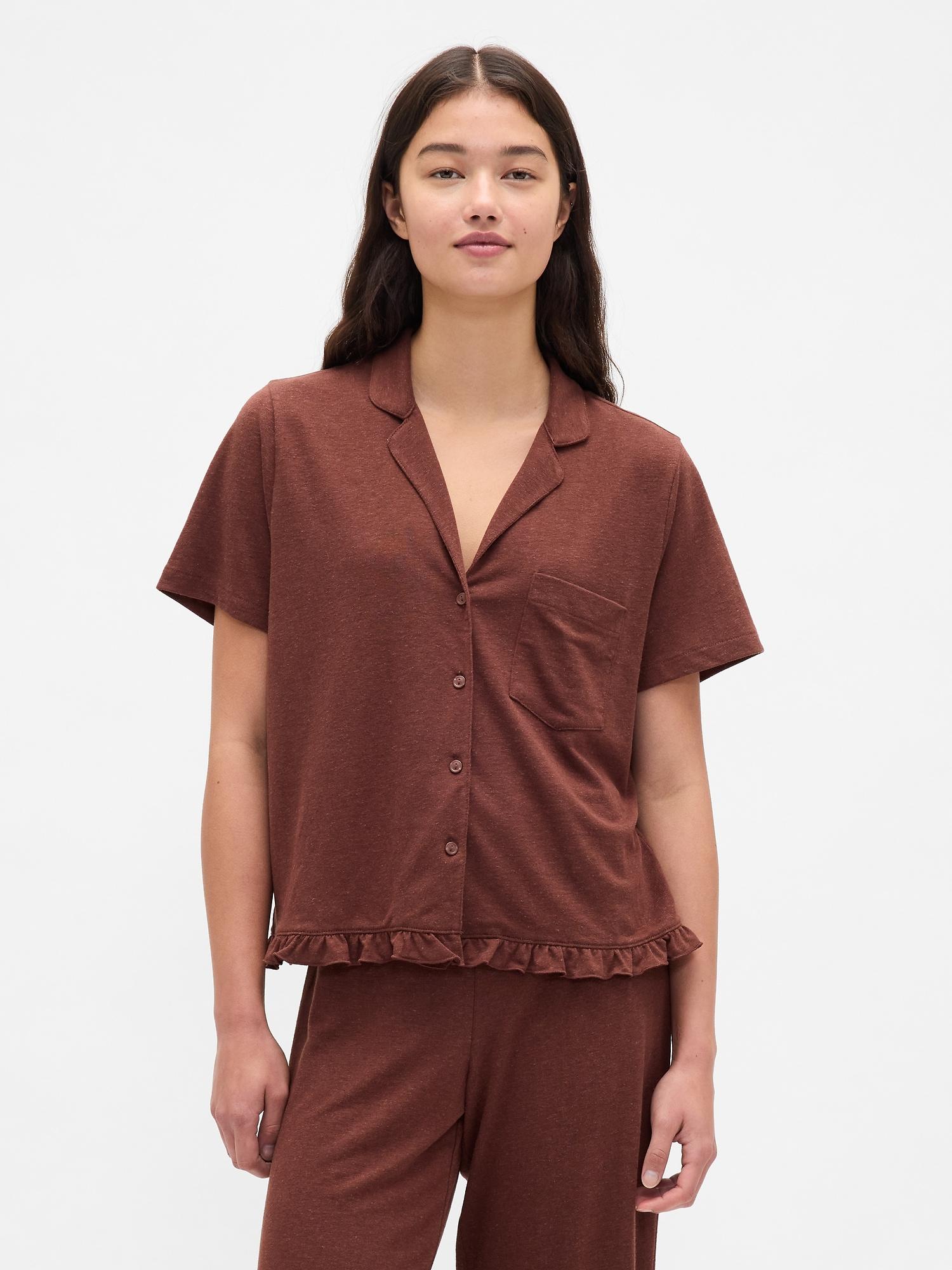 linen-blend ruffle pj shirt