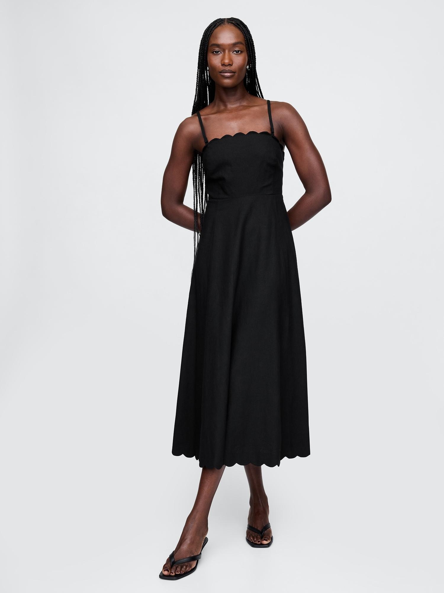 linen-blend scalloped midi dress