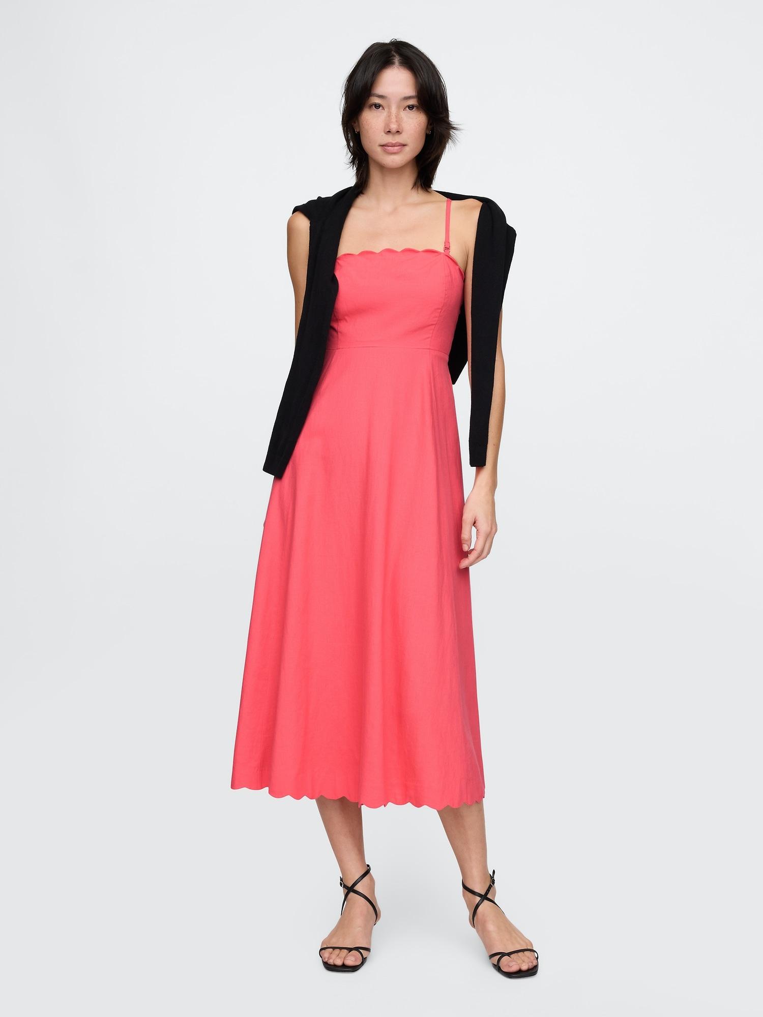 linen-blend scalloped midi dress