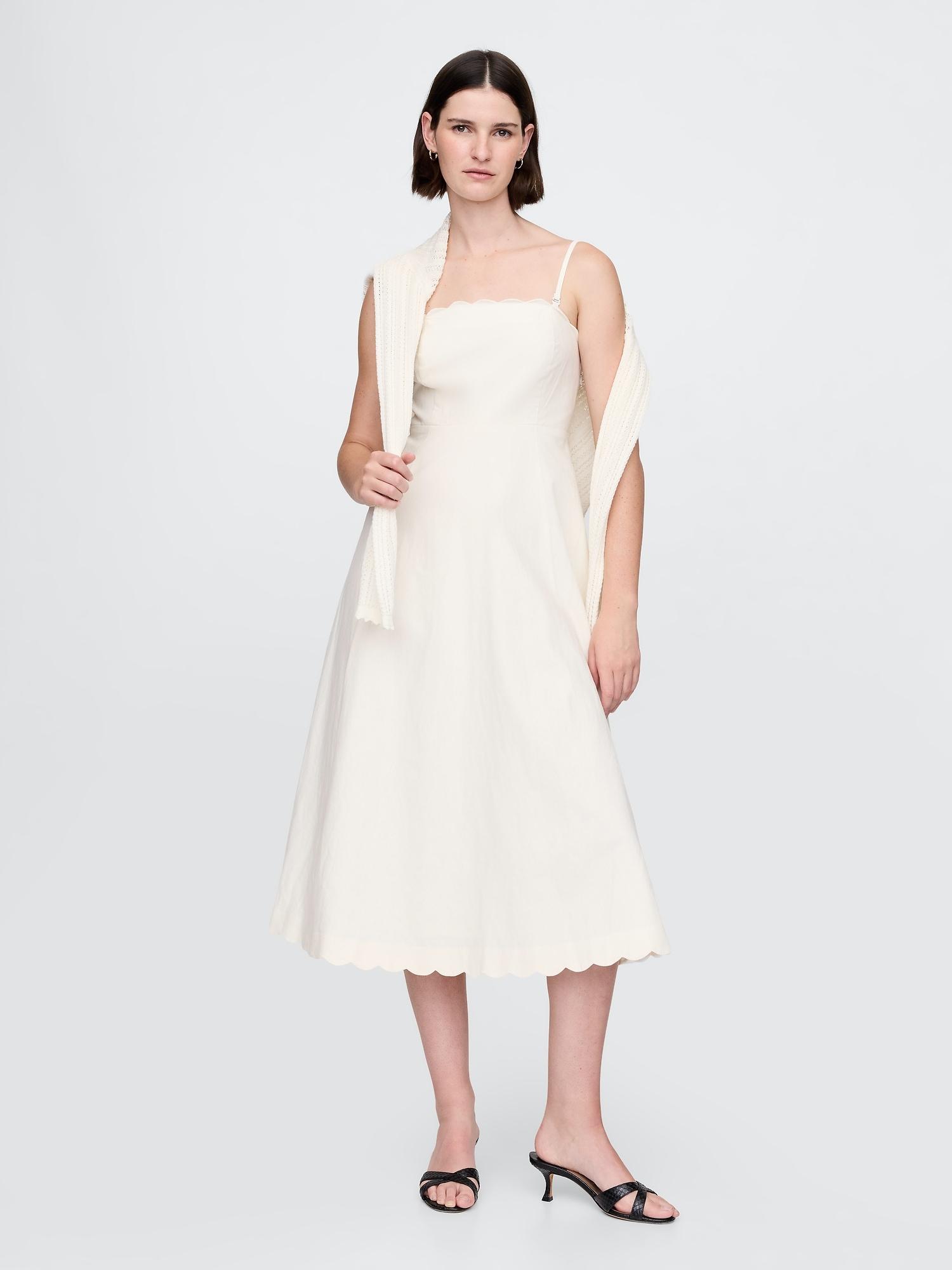 linen-blend scalloped midi dress