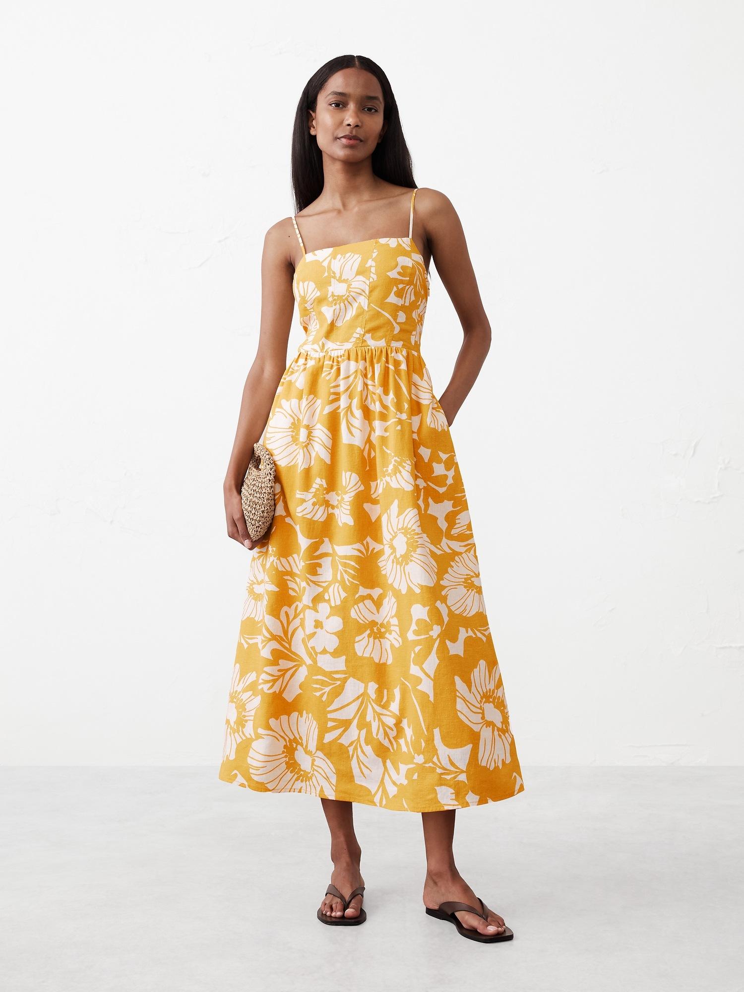 linen-blend seamed-bodice midi dress