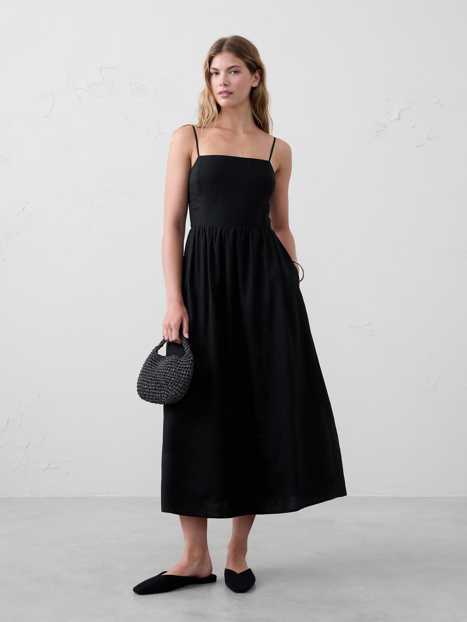 linen-blend seamed-bodice midi dress